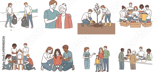 Illustrations of community support and family interactions in everyday settings Vector