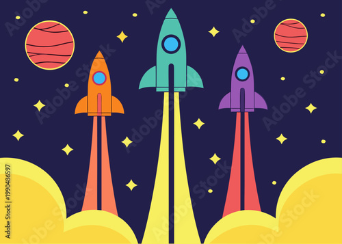 Three stylized rockets in orange green and purple launch into a dark space filled with stars and red planets from a base of large yellow clouds.
