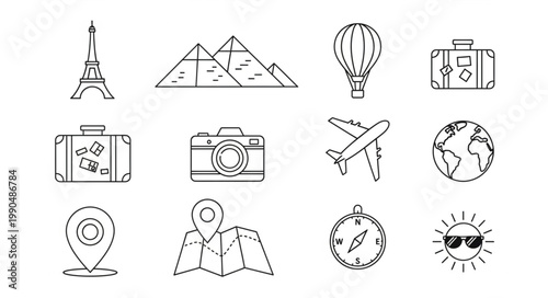Collection of Travel Icons and Symbols Hand Drawn Style.