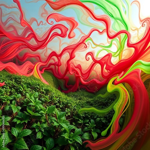 A tilted panorama of verdant energy, saturated colors swirling dynamically ,  energy,  dynamic