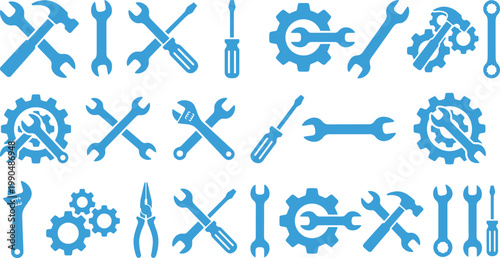 Diverse collection of blue business icons tools gears and wrenches for industry repair services