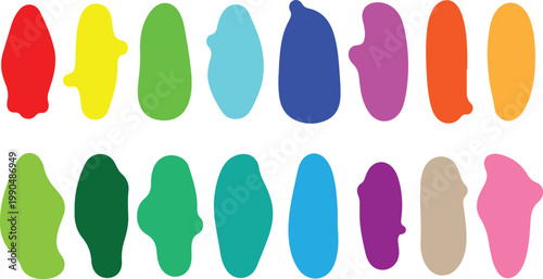 An assortment of vibrant irregularly shaped color swatches arranged across a white background