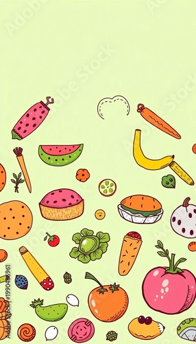 A vibrant collection of hand-drawn food doodles, adding charm and personality to any culinary project,  drawing,  doodle art