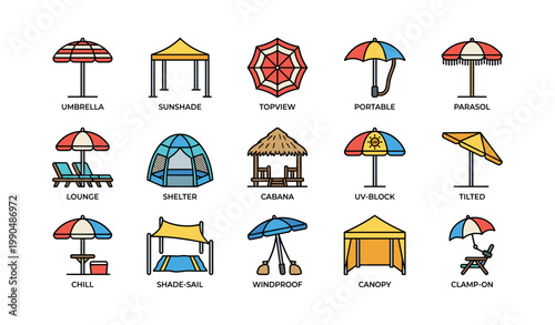 Beach umbrellas and sunshade icons showing shelter and shade