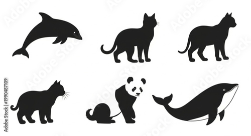 Collection of Animal Silhouettes Including Dolphin Cat Panda Whale.