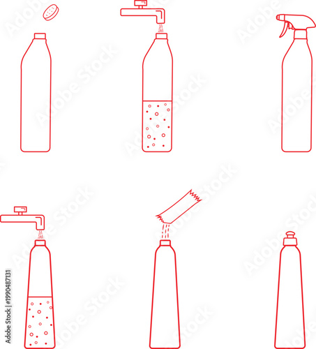 Spray Bottles In line Drawn Style Set. Cleaning, Gardening, And Plant Care Doodle Sketch Collection. 