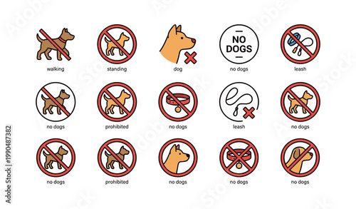 No dogs prohibition icons showing leashes and dog silhouettes on white
