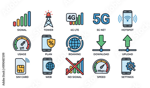 Mobile network icons showing connectivity features on white background