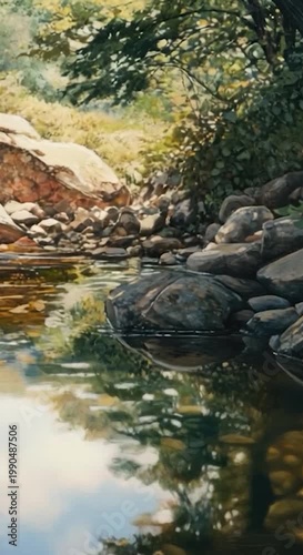 A serene scene of a stream flowing through a dense forest vertical frame