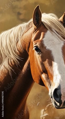 A horse grazes in a lush field of tall grass, serene and peaceful vertical frame