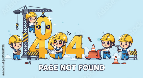 Cartoon construction site scene with children wearing safety helmets and engaging in building activities