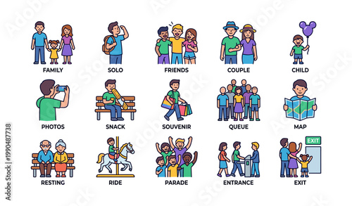 Theme park visitor and activity icons arranged on white background