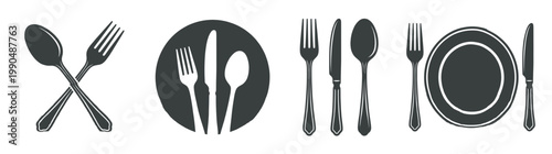 Minimalist Flat Vector Silhouette Dining Icon Set Isolated on White: Collection of Restaurant Cutlery Symbols Including Spoon Fork Knife and Plate for Food Service Menu Web Interface App Projects