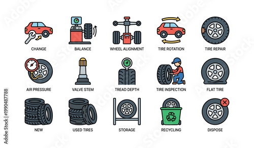Tire service icons showing maintenance and disposal on white backdrop