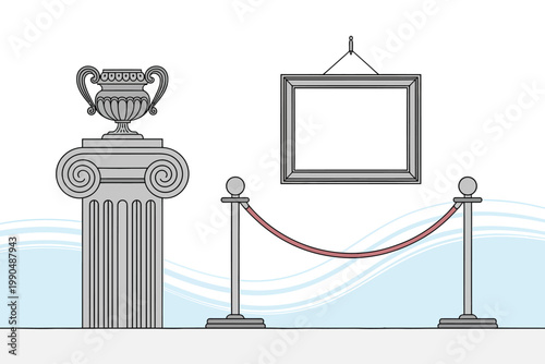 Illustration of a pedestal with trophy and empty picture frame and red rope barrier