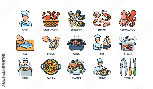 Seafood icons showing chef and cooking methods on white background
