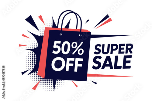 Super sale shopping bag with fifty percent off discount on white background