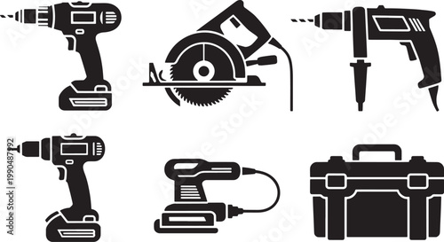 Six black and white silhouette of power tools and a toolbox drill power drill