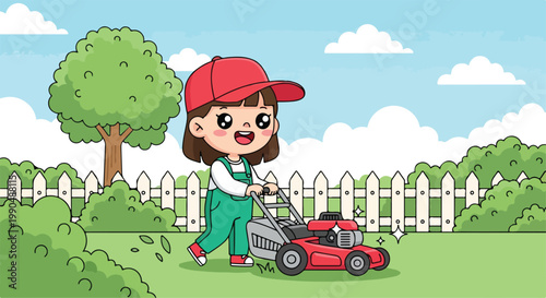 Cute cartoon girl with a pink hat and casual outfit mowing the lawn in a colorful garden scene with a white picket