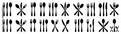 Black Silhouette Vector Cutlery Icon Set Isolated on White: Collection of Kitchen Utensils Symbols with Spoon Fork and Knife for Restaurant Menu Logo Food Service Web Interface and Projects