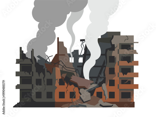 Rubble, debris, shattered buildings, smoke rising, urban destruction, aftermath, crisis environment, disaster scene, structural collapse, damaged architecture isolated white background illustration