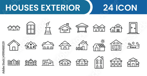 Houses Exterior Icon Pack – 24 Buildings, Homes, Architecture, Real Estate, Property Vector Icons