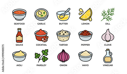 Seafood condiments and garnishes in icon set on white background
