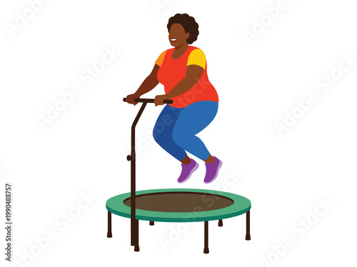 African American woman jumping trampoline fitness exercise. Smiling female casual outfit outdoor gym activity. Healthy lifestyle, recreation fun isolated white background