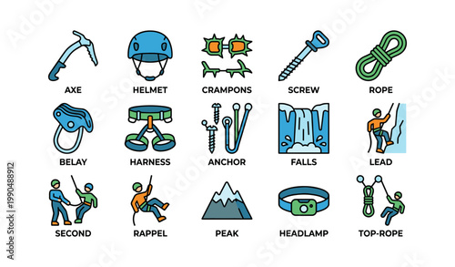 Climbing and mountaineering equipment icons arranged in grid