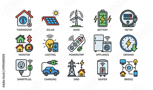 Home energy and smart device icons arranged in grid