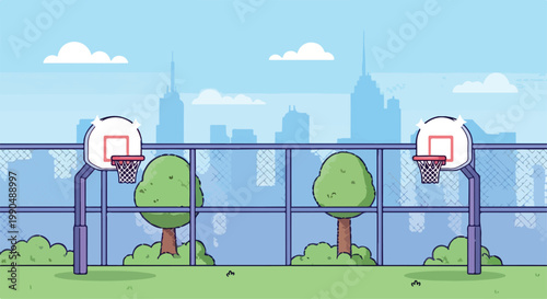 Colorful pixel art basketball court with hoops and trees in a vibrant urban park scene during daytime