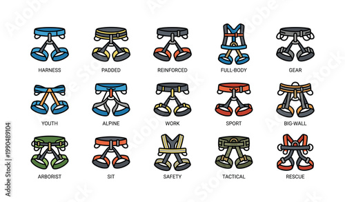 Climbing harness icons showing types and safety equipment