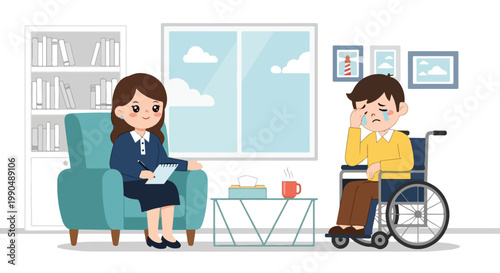 Female caregiver and male patient in a wheelchair having a friendly conversation in a bright living room