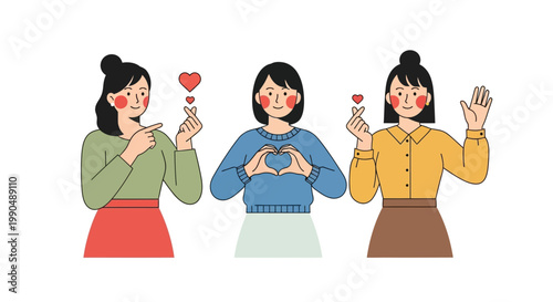 Three young women making cute finger heart gestures in a flat vector illustration on white background