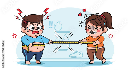 Cute cartoon children engaging in playful tug of war with a long rope, expressing fun and friendly competition