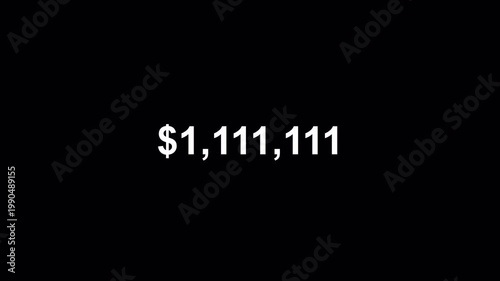 Two million dollar counting animation from zero to two million on a transparent background, 0 to 2,000,000 dollar money counter animation with alpha channel.