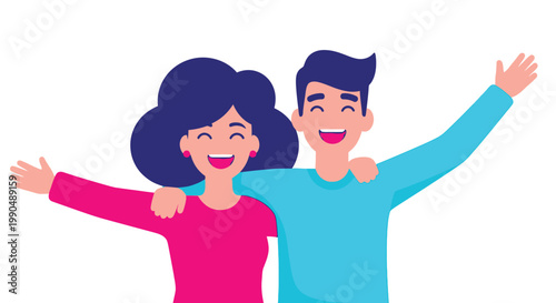 A joyful vector illustration of a happy couple embracing with arms outstretched on white background. on white background