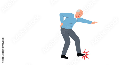 Elderly man feeling sharp pain in his foot as a flat vector graphic on white background