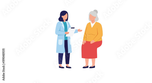 Professional doctor holding medical records while talking to an elderly patient on white background