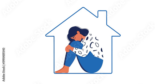 Depressed woman sitting inside a home shape representing isolation and mental health on white background