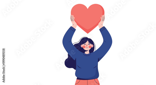 Happy young woman lifting a red heart shape symbol in this vector illustration on white background