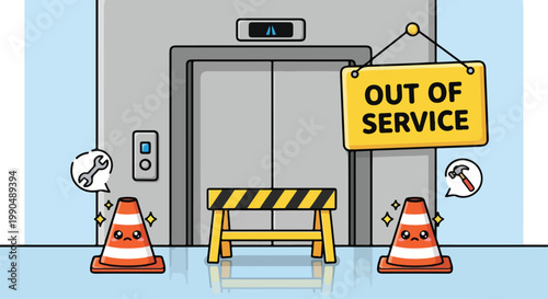 Closed elevator door with out of service sign and safety barriers indicating maintenance or malfunction in a building