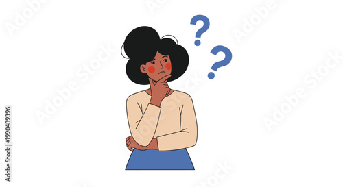 Thoughtful woman vector illustration with question marks above her head on white background. on white background