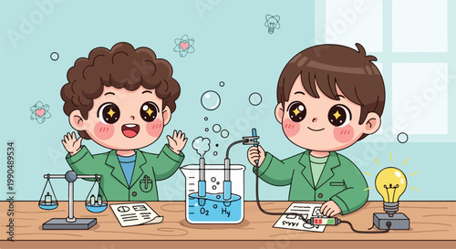 Two children conducting a science experiment with test tubes and laboratory equipment in a classroom setting