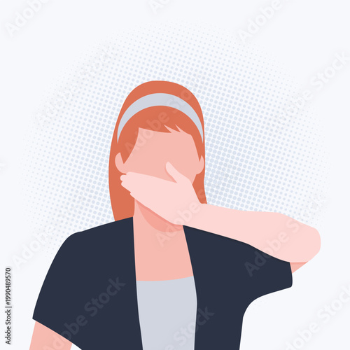 Flat vector illustration of a woman covering her mouth with her hand, symbolizing silence, censorship, secrecy, or restriction of speech