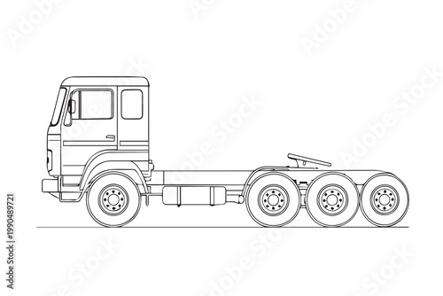 Clean vector art of a tractor head vehicle in black outline on a white background, emphasizing power, structure, and simplicity in a modern industrial design style.