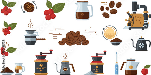 Coffee production and brewing process set with beans, roasting, grinding and espresso preparation, cafe equipment and barista workflow vector illustration