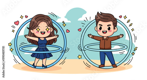 Cute children playing with hula hoops on the beach enjoying outdoor fun and sunny weather