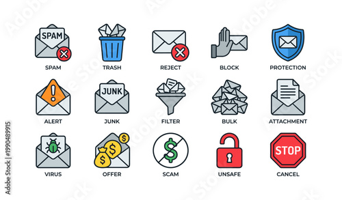 Mail icons showing spam filtering and security symbols