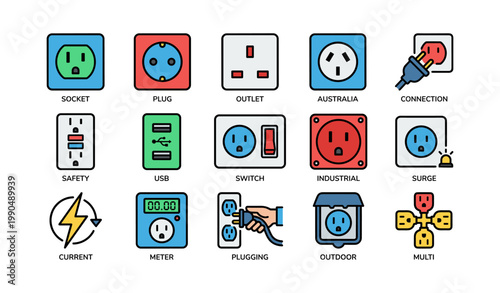 Electrical outlet and plug icons displaying socket types on white
